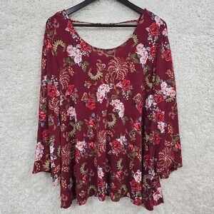 Rose Olive Top Womens 2X Red Floral‎ Flared Sleeve Stretch Flowy Cottagecore